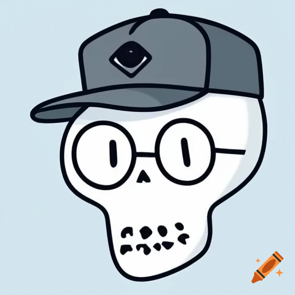 Minimalist cartoon skull wearing cap and glasses