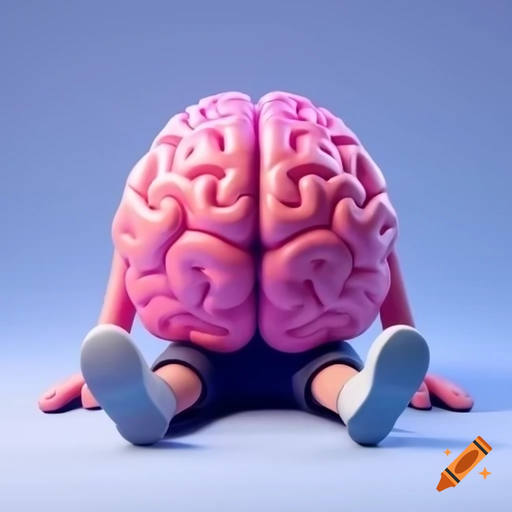 Vibrant cartoon brain character sitting on floor, viewed from behind