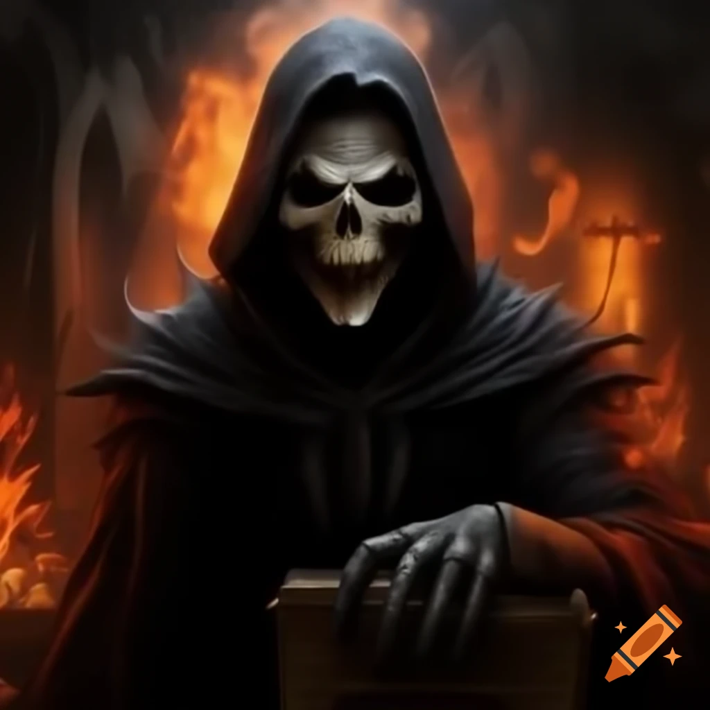 Gothic reaper with glowing eyes in hellish setting