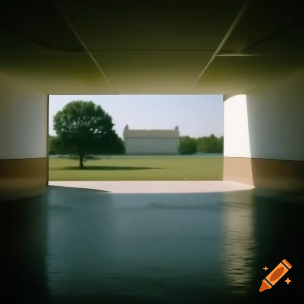 Liminal space aesthetics featuring empty water park, field, and school hallway