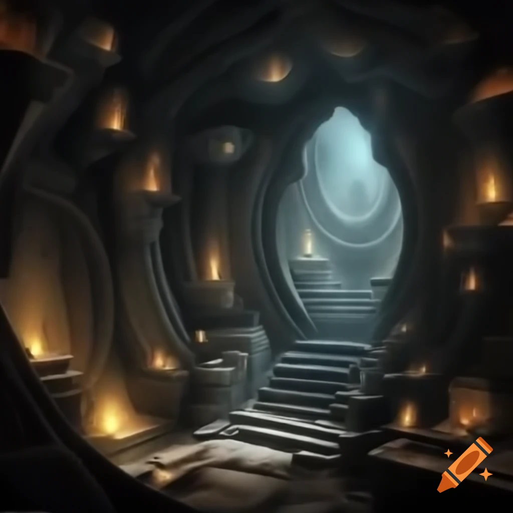 Dark chamber with glowing artifacts and intricate wall carvings, magical atmosphere