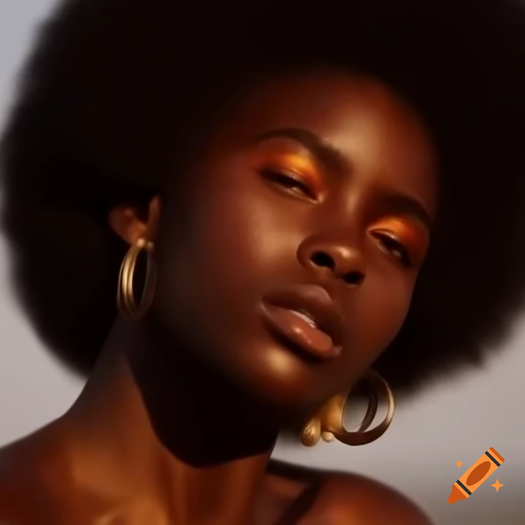 Close-up portrait of a stunning Black woman with radiant skin and natural features in soft sunlight