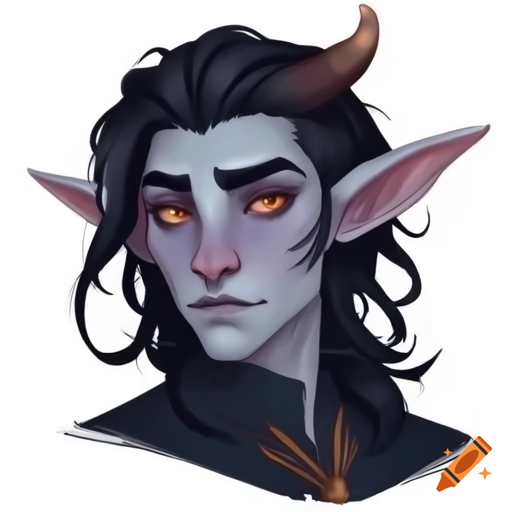 Tiefling male bard character with human-like skin, flowing black hair, and sleek horns