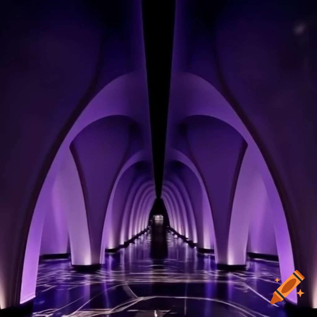 Violet marble hallways with sloped ceilings and glittering columns in a liminal space setting