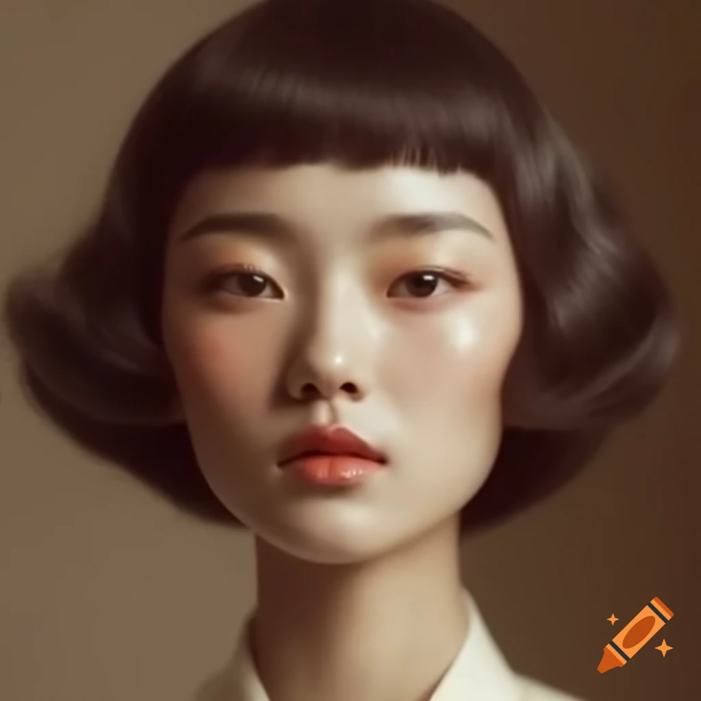 Hyper-realistic color photograph of beautiful Asian woman from the 1980s with shoulder-length wavy hair