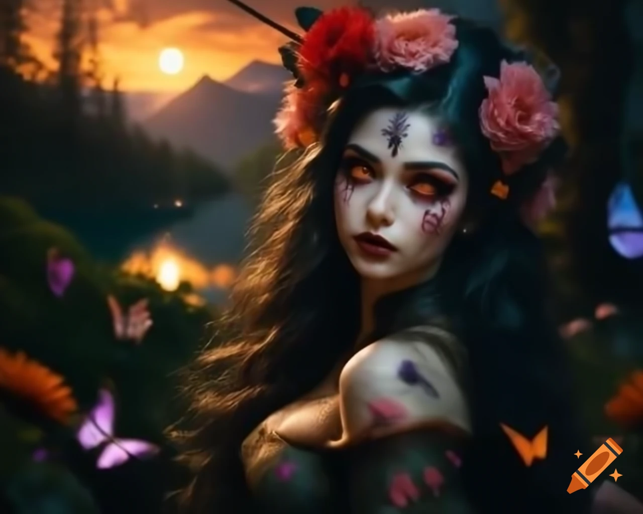 Hyperrealistic Gothic woman with flowers and butterflies in her hair