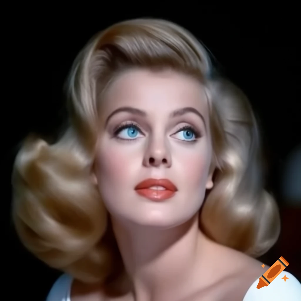 Hyper-realistic photograph of a charming European actress from 1963 with porcelain skin and blue eyes