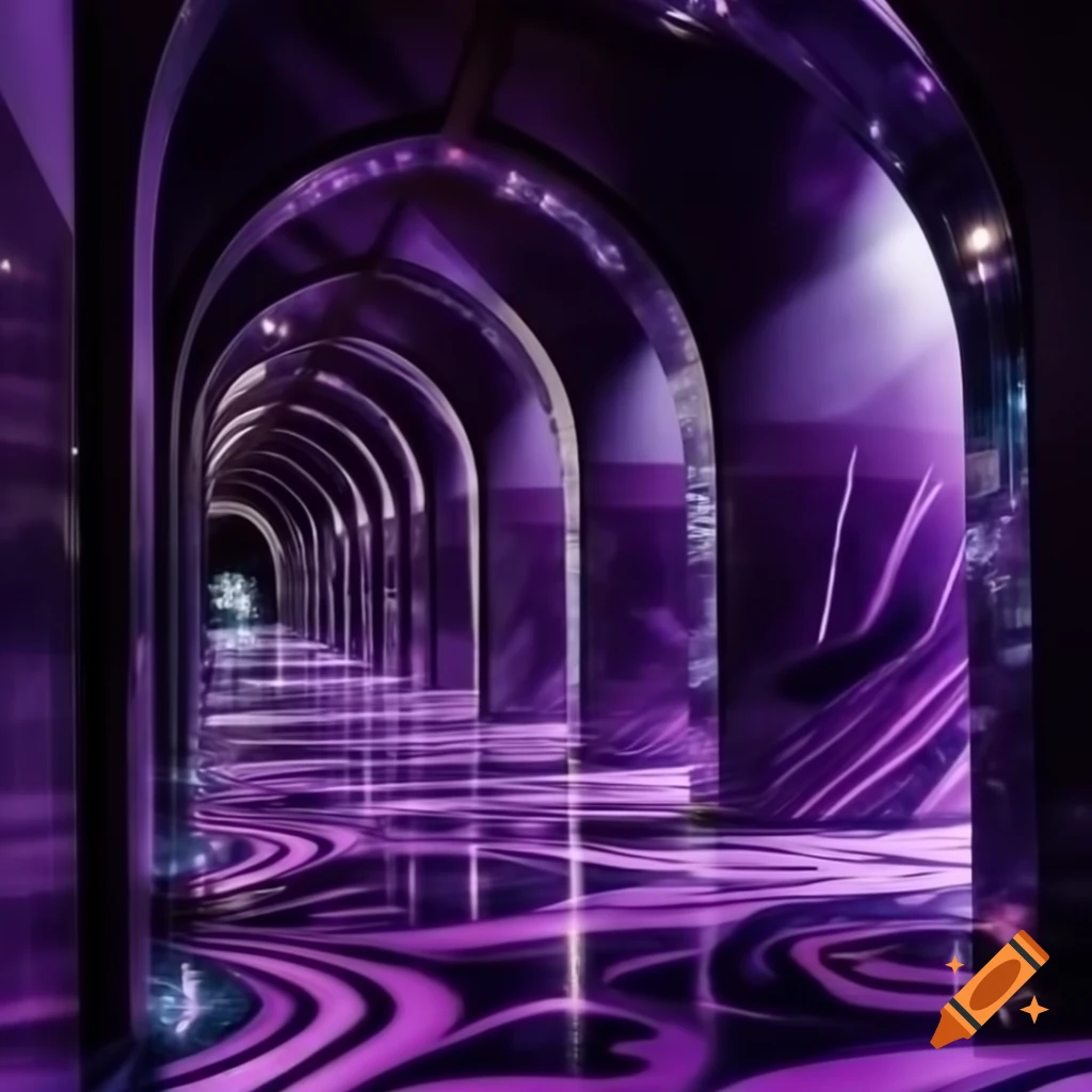 Violet marble hallways with sloped ceilings and curved columns in liminal spaces