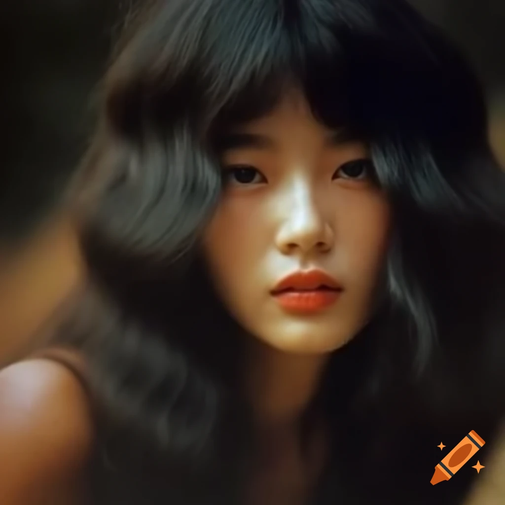 Hyper-realistic photograph of a beautiful Asian woman from the 1980s with voluminous hairstyle