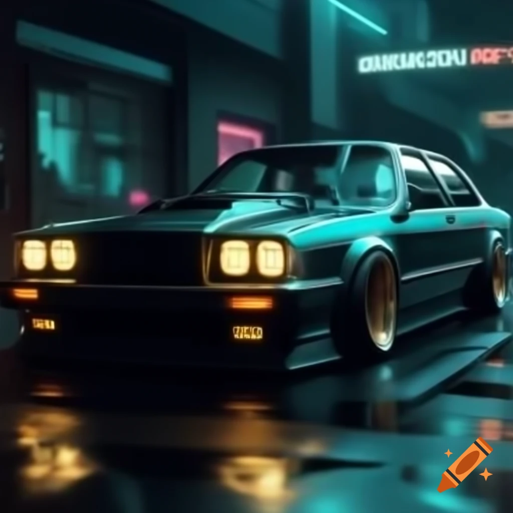 Sporty retrofuturistic sedan in cyberpunk style