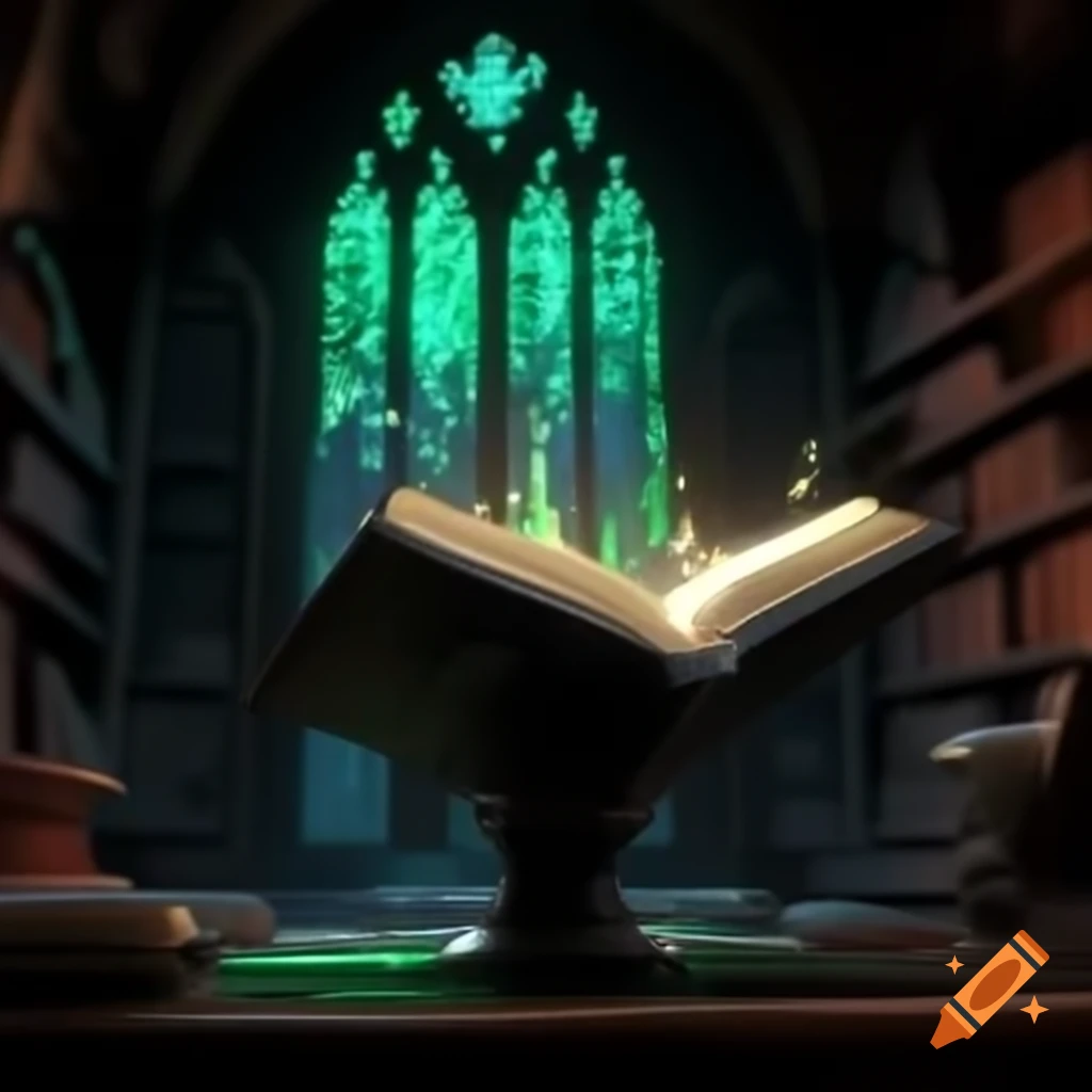 Gothic stained glass featuring dark magic book with green lights, Tim Burton style