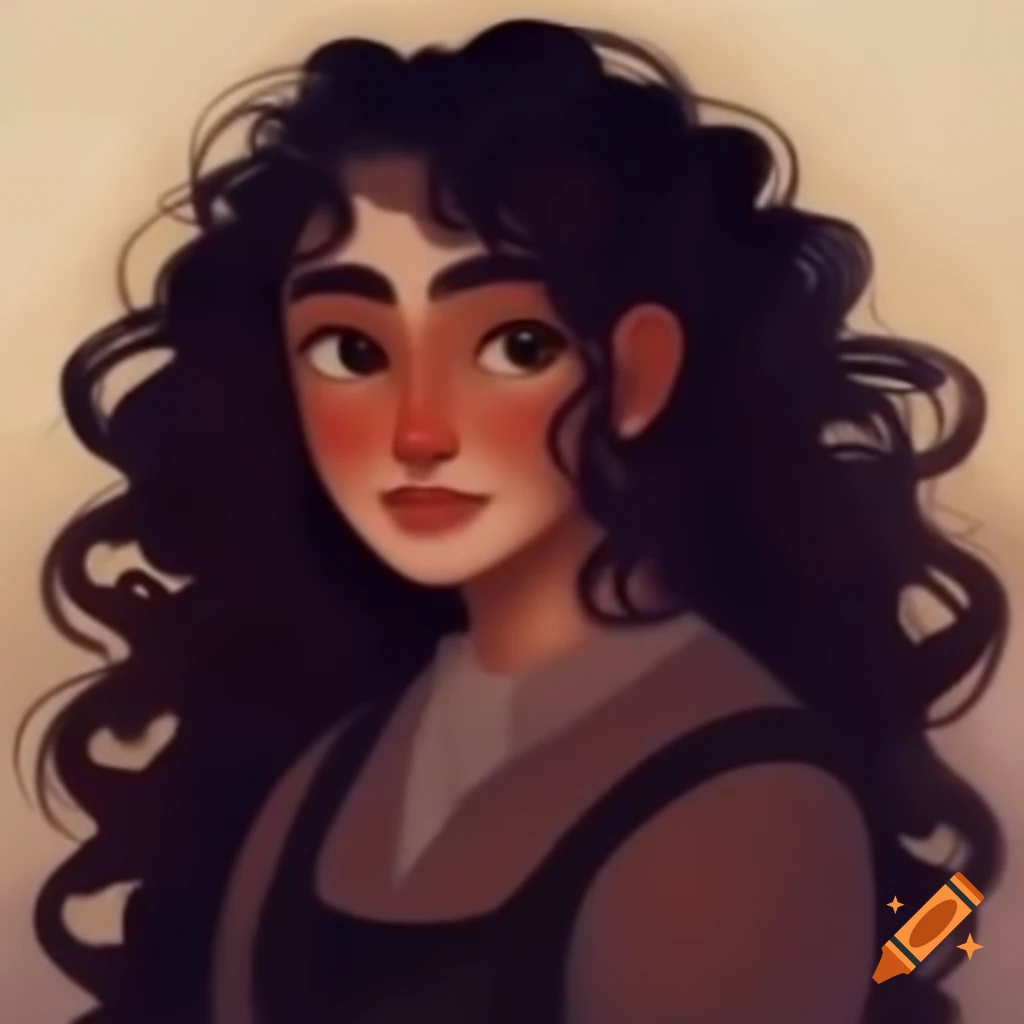 Medieval peasant woman with dark curly hair and a smile in whimsical style