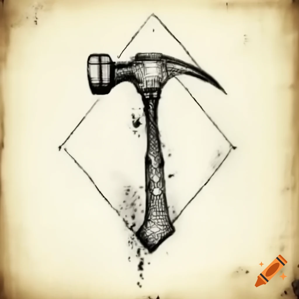 Hammer symbol ink drawing on squared paper, dark fantasy vintage style