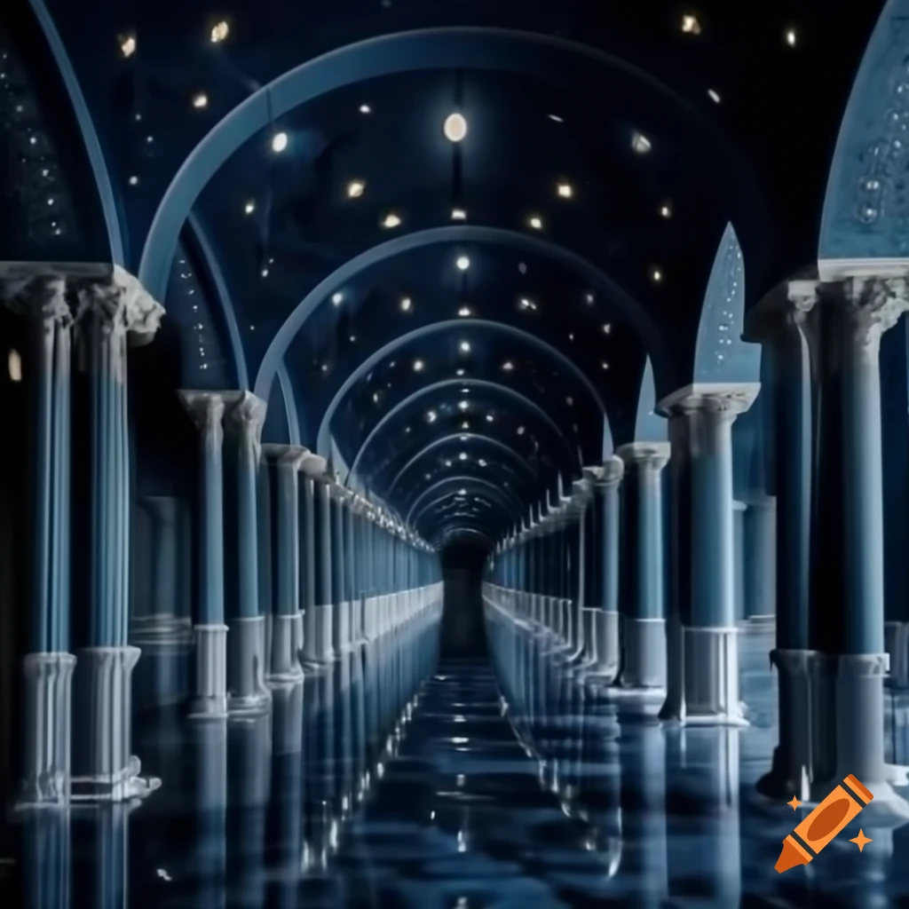 Dark blue marble hallways with sloped ceilings and glittering stars