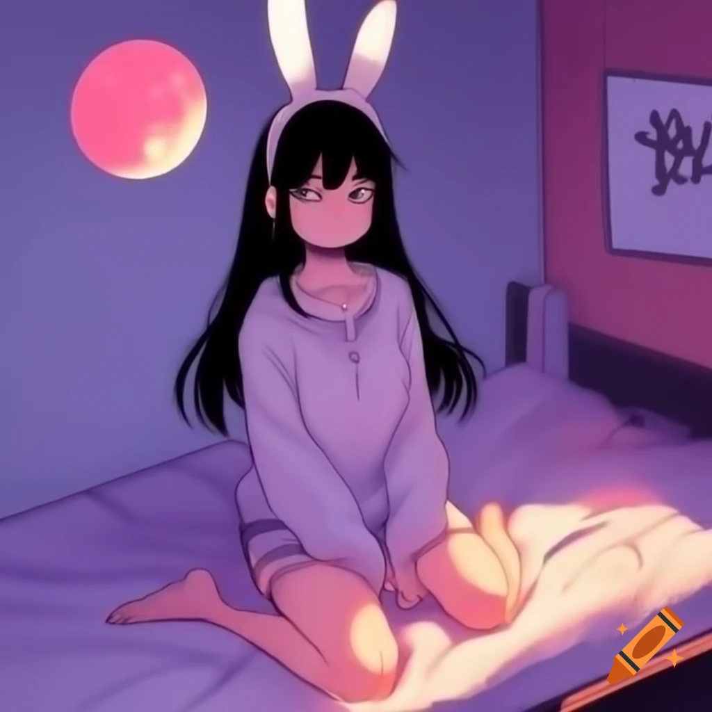Manga girl with bunny ears in pajamas sitting on bed with blush and nervous expression
