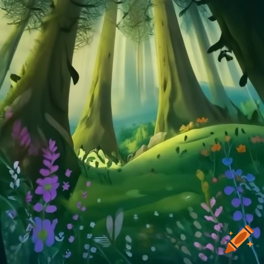 Vibrant forest with tall trees and colorful flowers