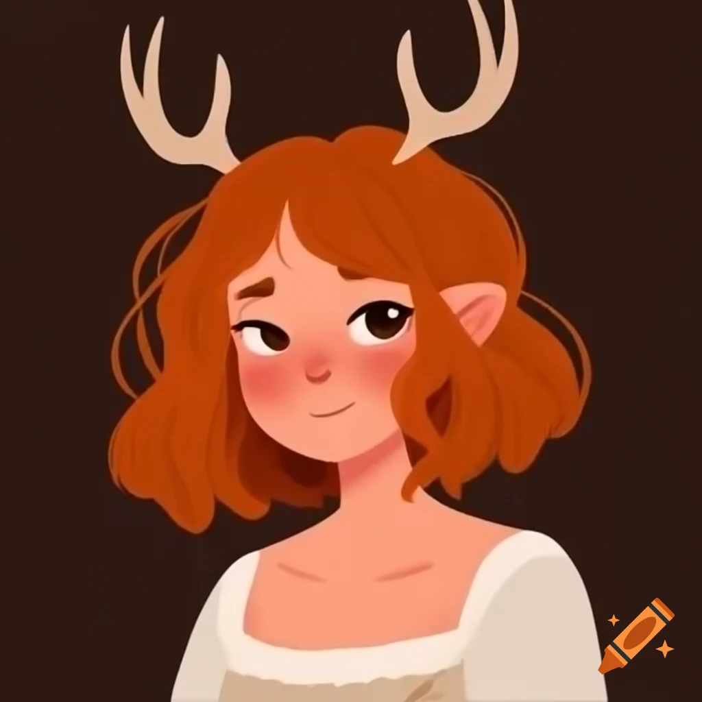 Woman with short auburn hair and fawn antlers in foraged dress smiling