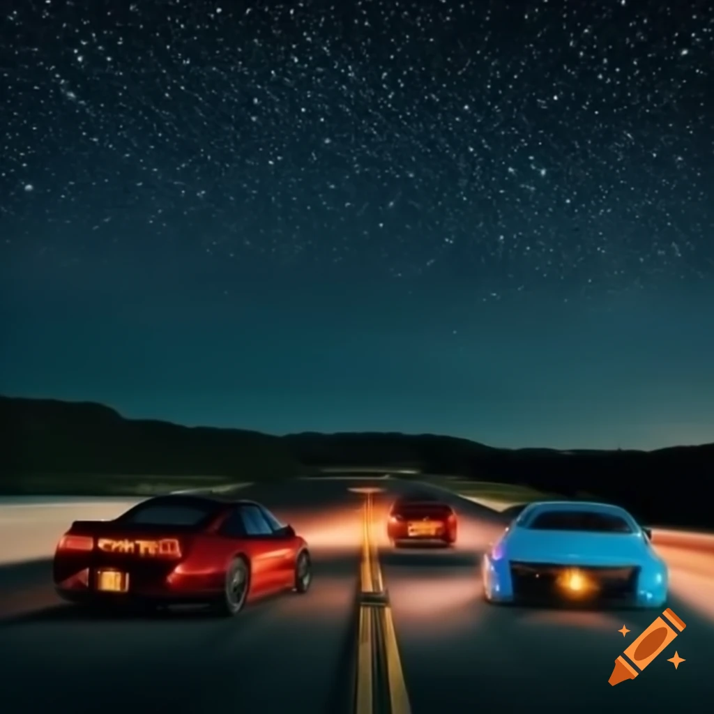 High-end cars racing on highway at nighttime with starry sky