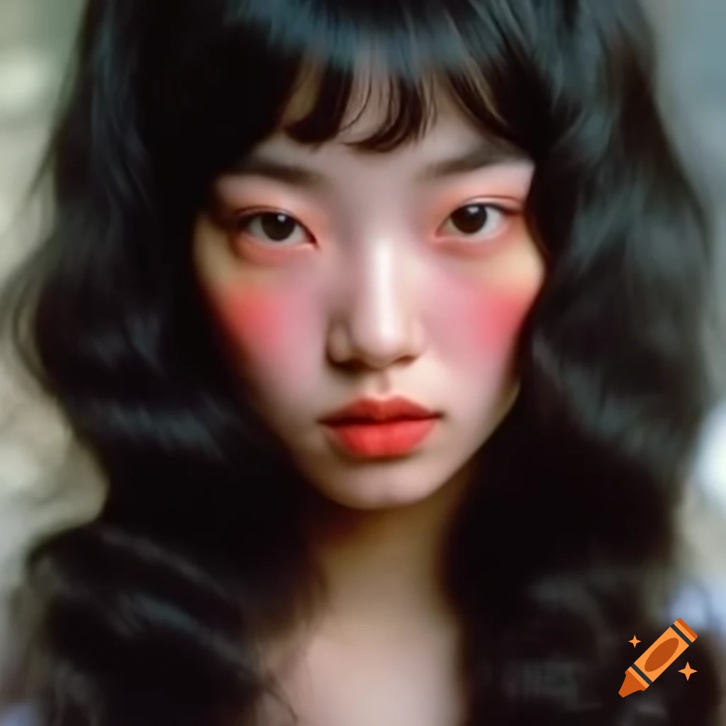 Hyper-realistic photograph of charming Asian woman with 1980s hairstyle