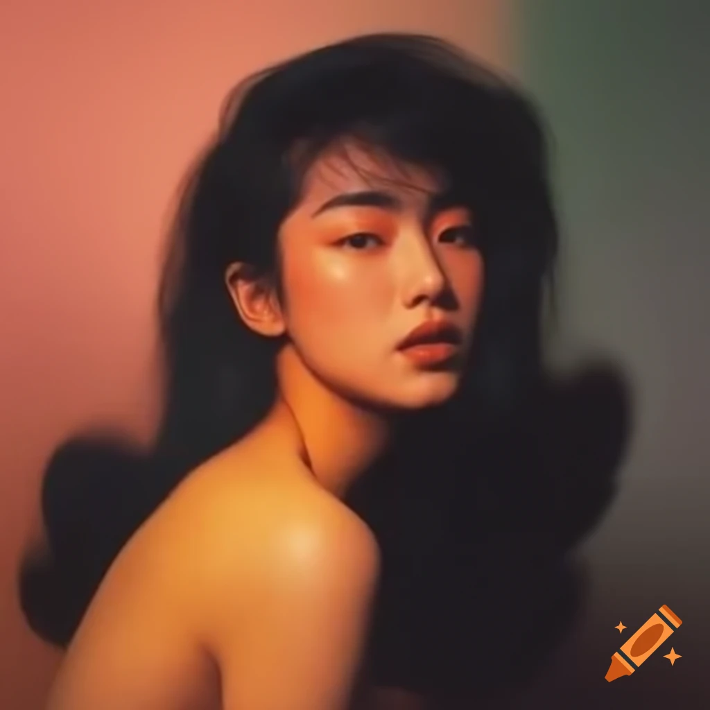 Hyper-realistic photograph of beautiful Asian woman with 1980s hairstyle