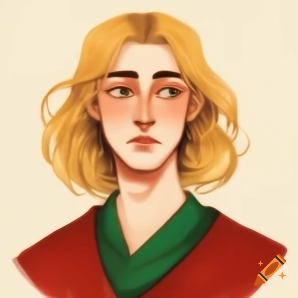 Young man in art nouveau style with long golden hair and colorful attire