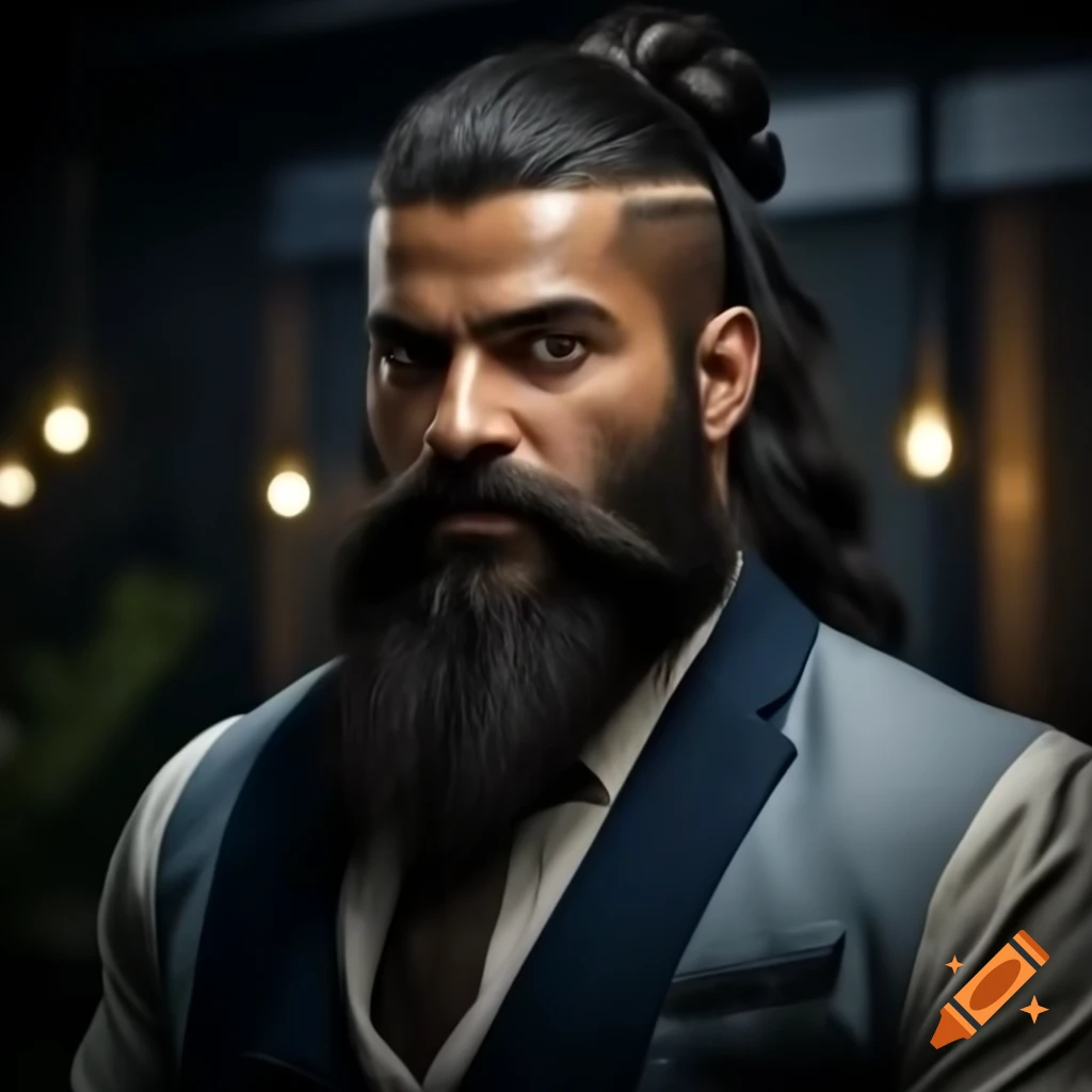Fit Indian male model with long beard in tailored navy and white outfit, smiling