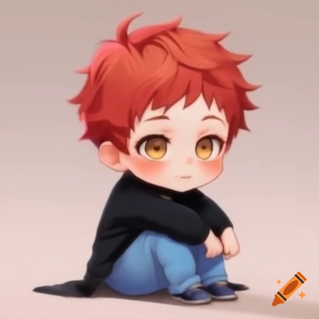 Chibi anime boy with ginger red hair, black shirt, and blue pants sitting