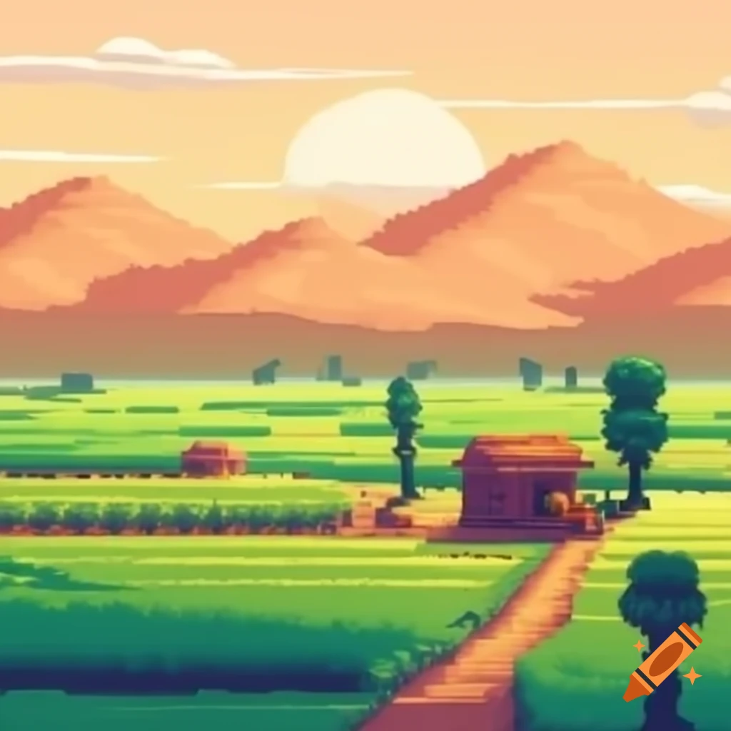 Indian countryside landscape with farmlands and solar panels, pixel art