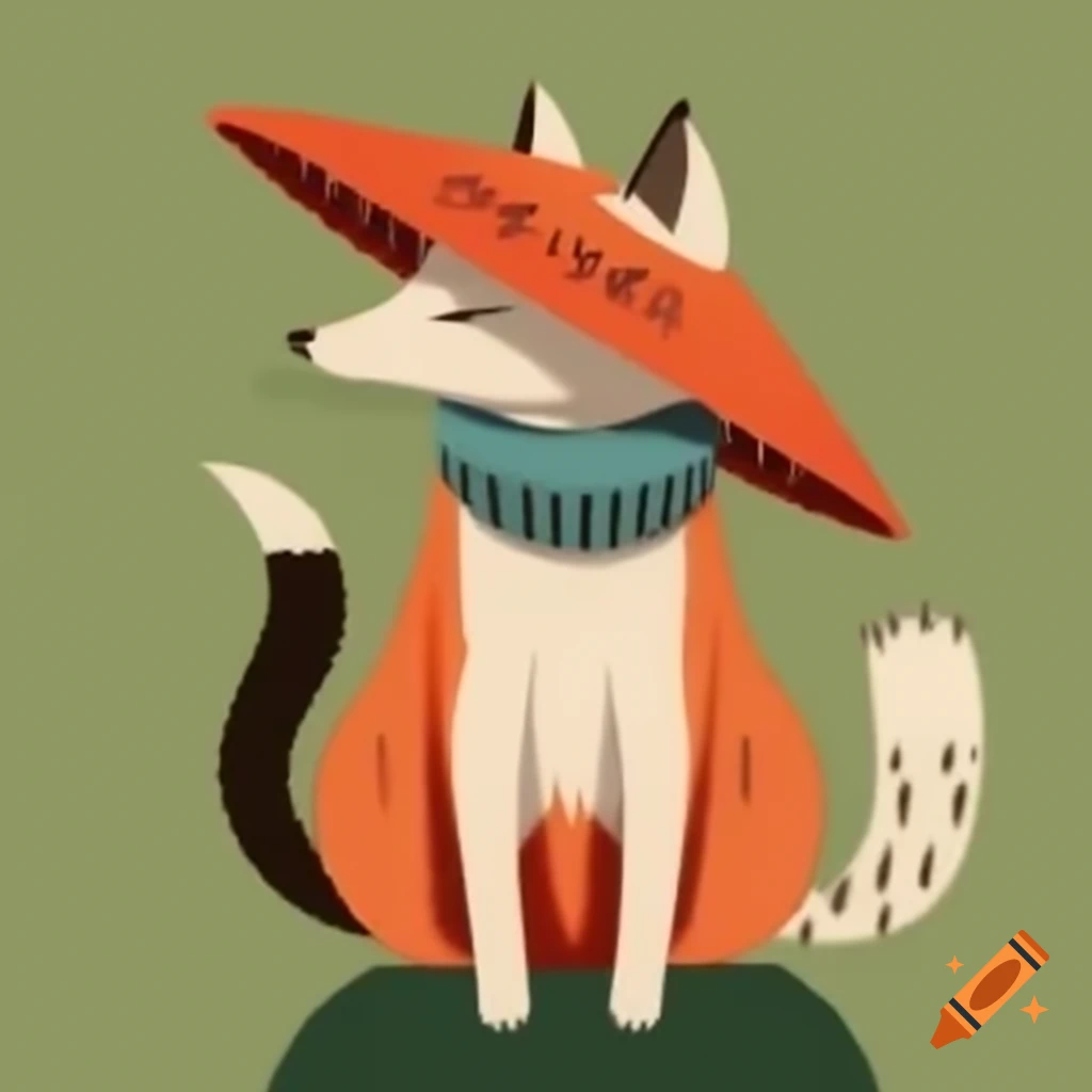 Hybrid fox-cat with Japanese hat partially covering face