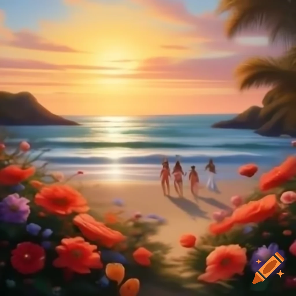 Beautiful sunset beach scene with flowers and family
