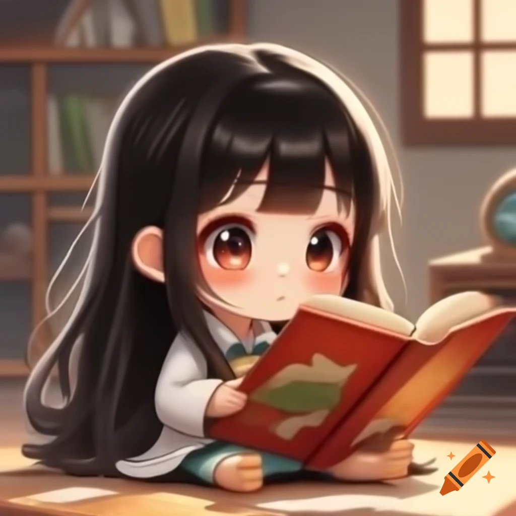 Japanese chibi girl with long hair reading adventure book
