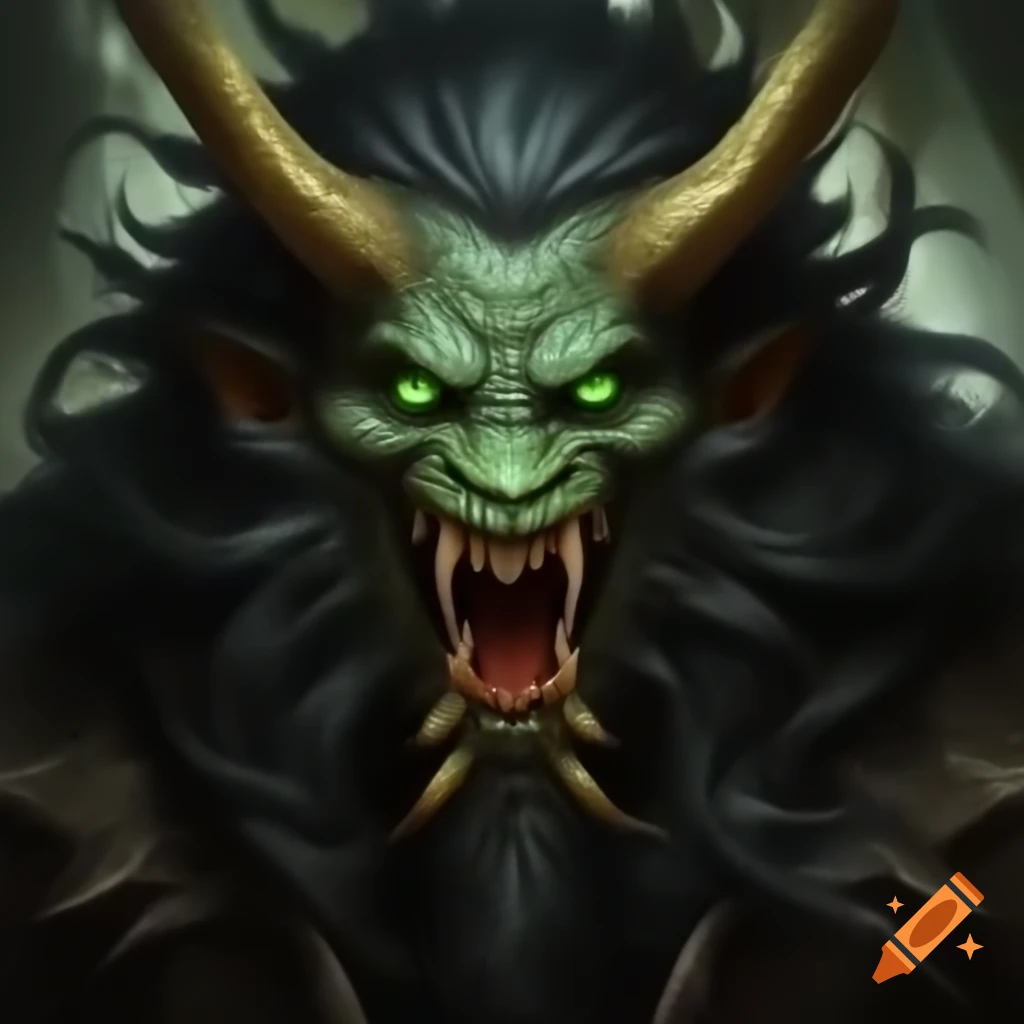 Three-eyed monster with green eyes, long black hair, and golden horn