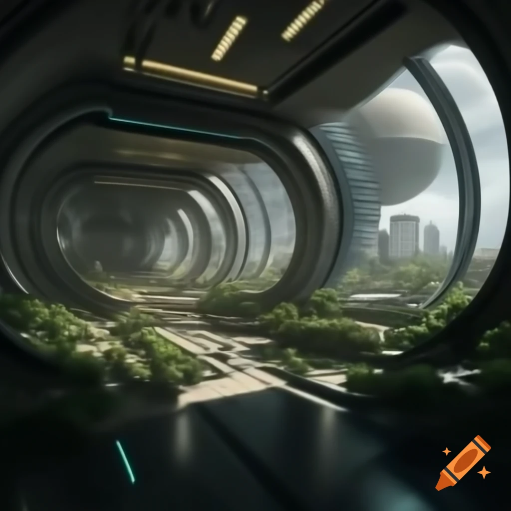 Interior view of futuristic building over city on terraformed Mars with ecosystem