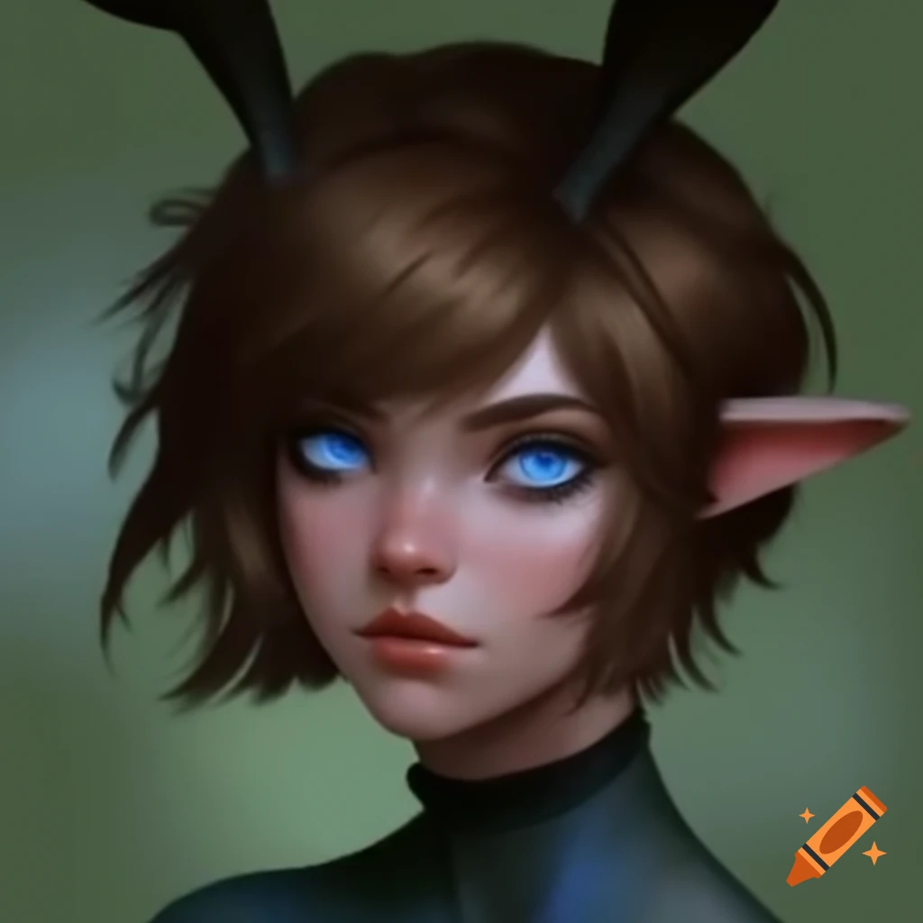 Brown-haired woman with rabbit ears and blue eyes wearing a turtleneck