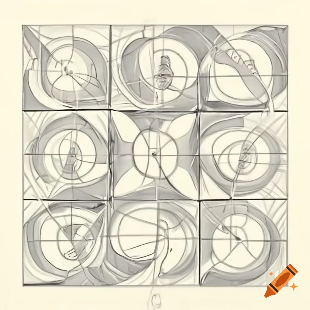 Drawing illustrating the seven principles of art: balance, contrast, emphasis, movement, pattern, rhythm, and unity