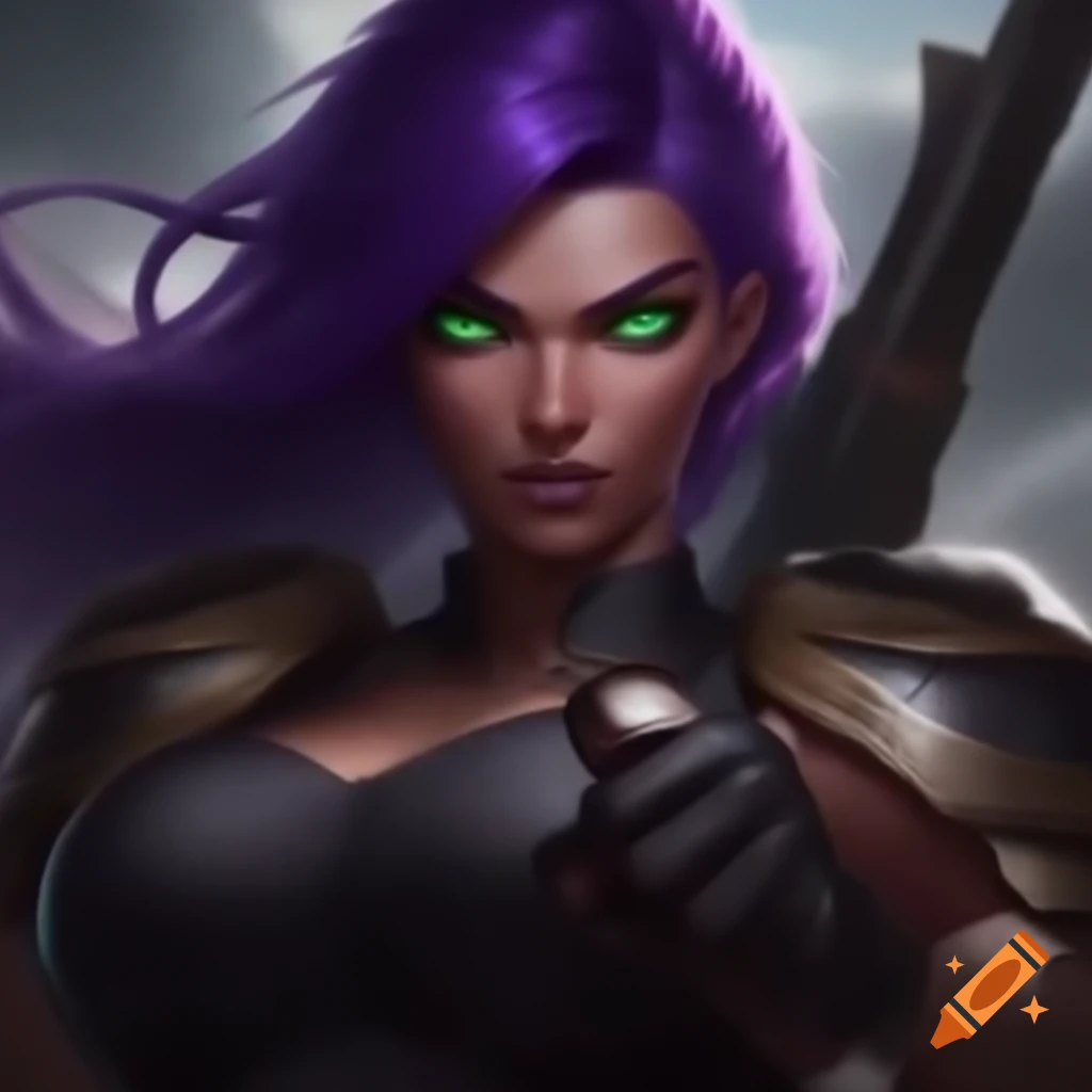 Fierce soldier with purple hair and green eyes ready for battle