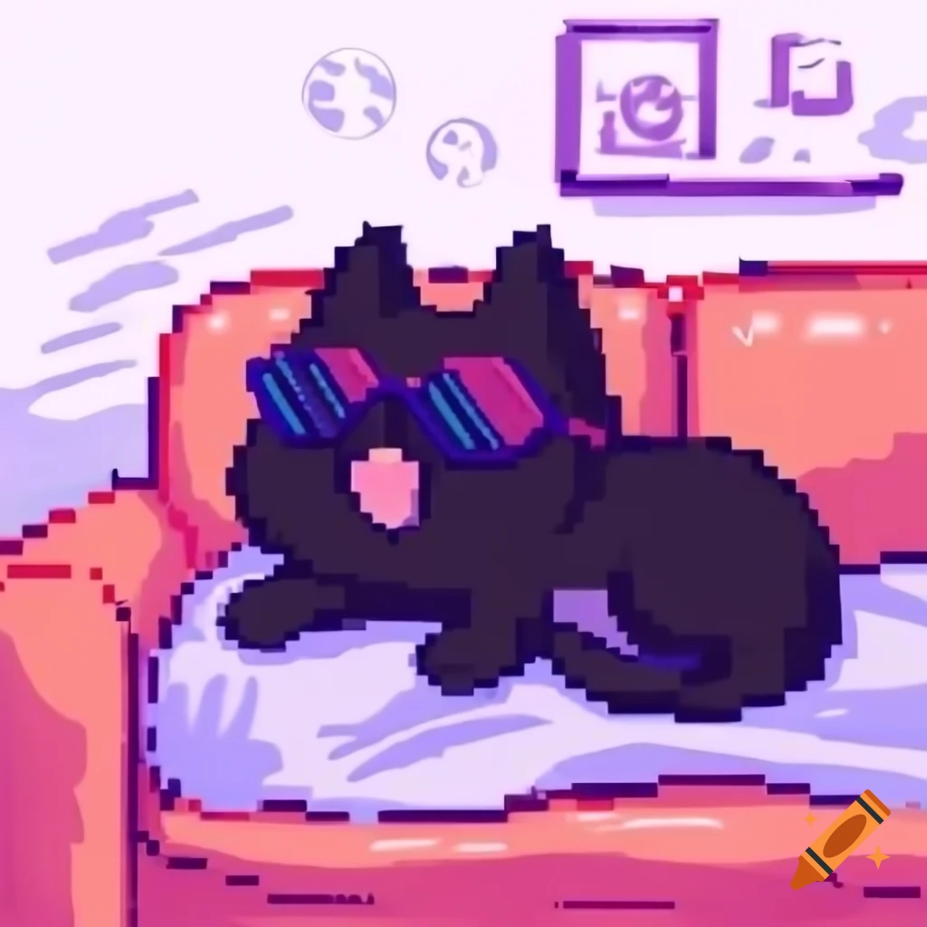 Cartoon pixel art of black cat with sunglasses sleeping on couch