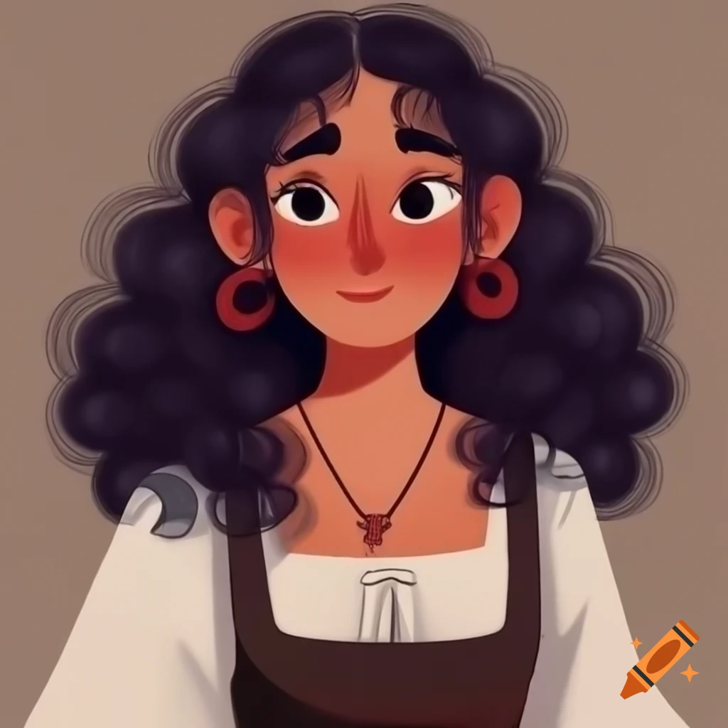 Midsize medieval peasant woman with long dark curly hair smiling in a charming flat style