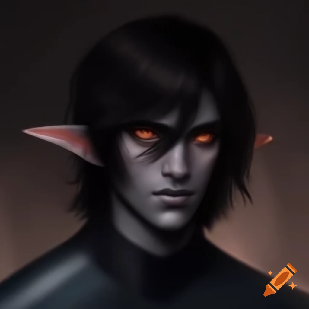 Fire genasi ranger with dark grey skin and long hair
