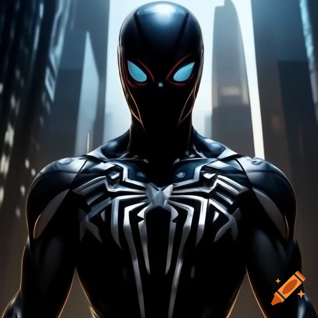 Futuristic silhouette of Spiderman in metallic form against gleaming towers