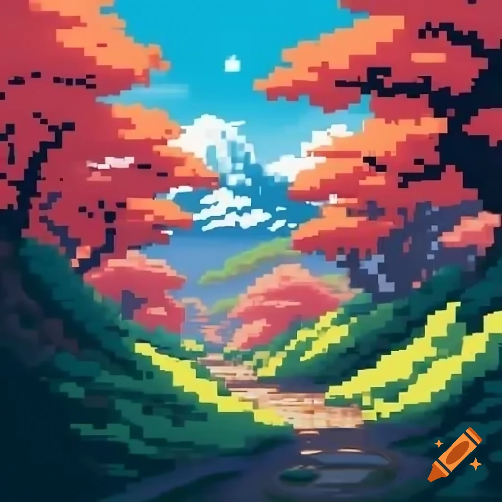 Pixel art game background with vibrant nature and Japanese elements