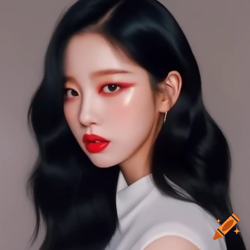 Kpop idol girl with long black hair and makeup