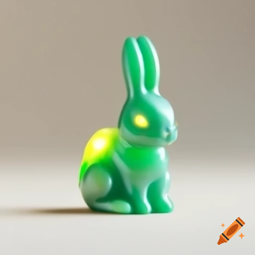Highly detailed jade rabbit figurine with glowing eyes on plain white background