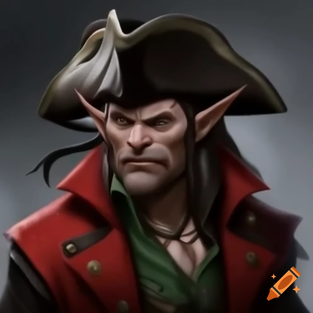 Grizzled middle-aged elf pirate captain in red coat and brown tricorne hat