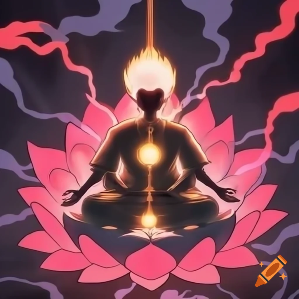 Person meditating in lotus position surrounded by universal energy