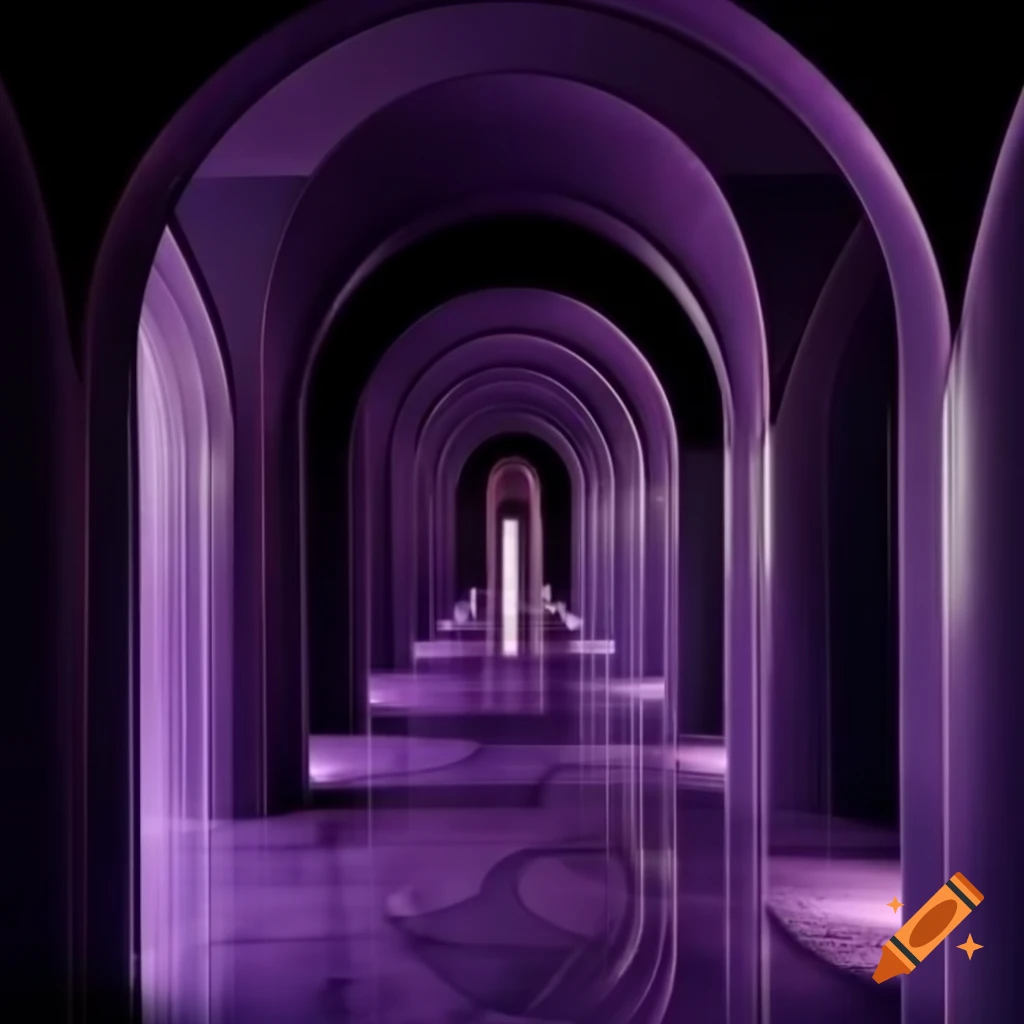 Violet marble hallways with sloped ceilings and curved columns