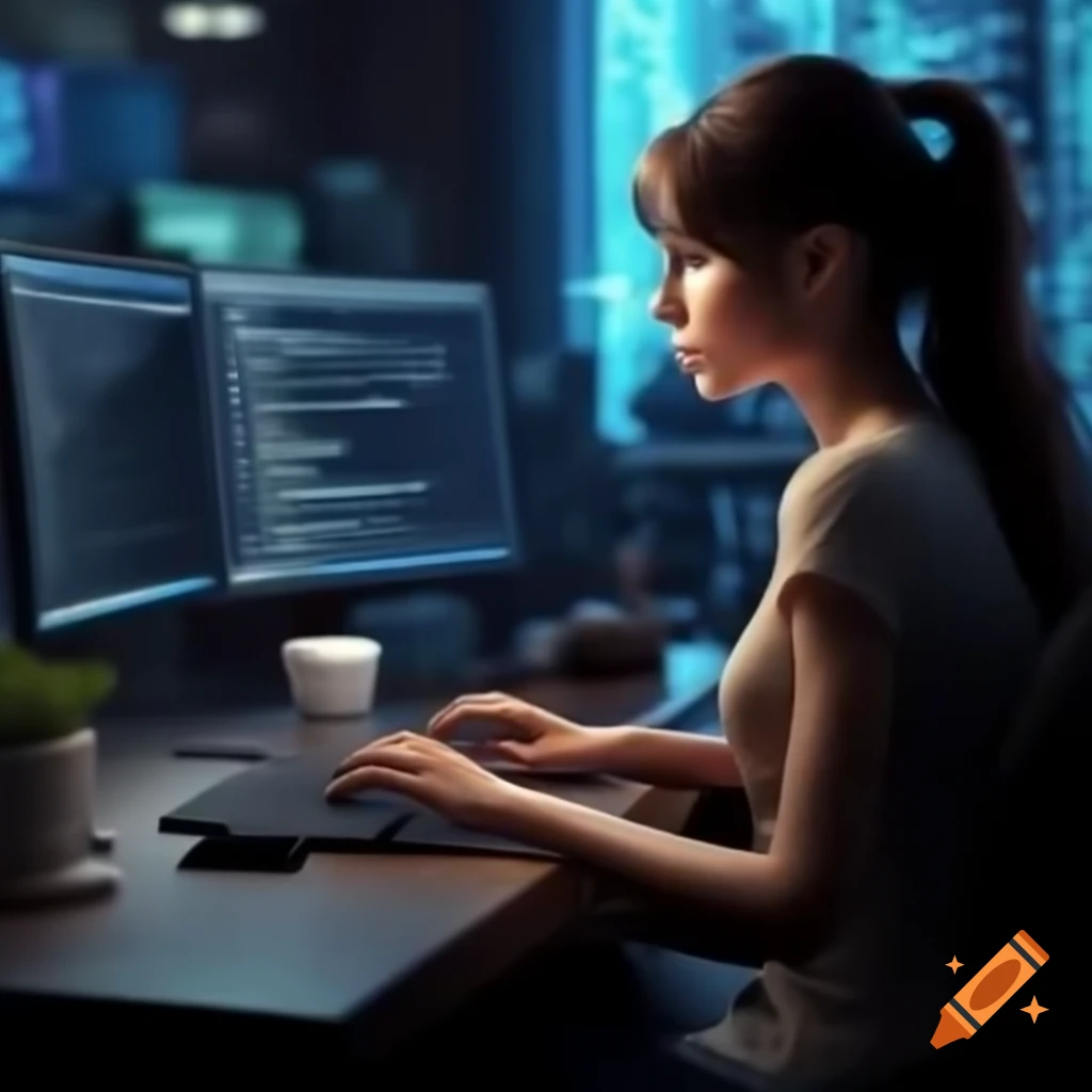 Brunette woman focused on coding at a computer