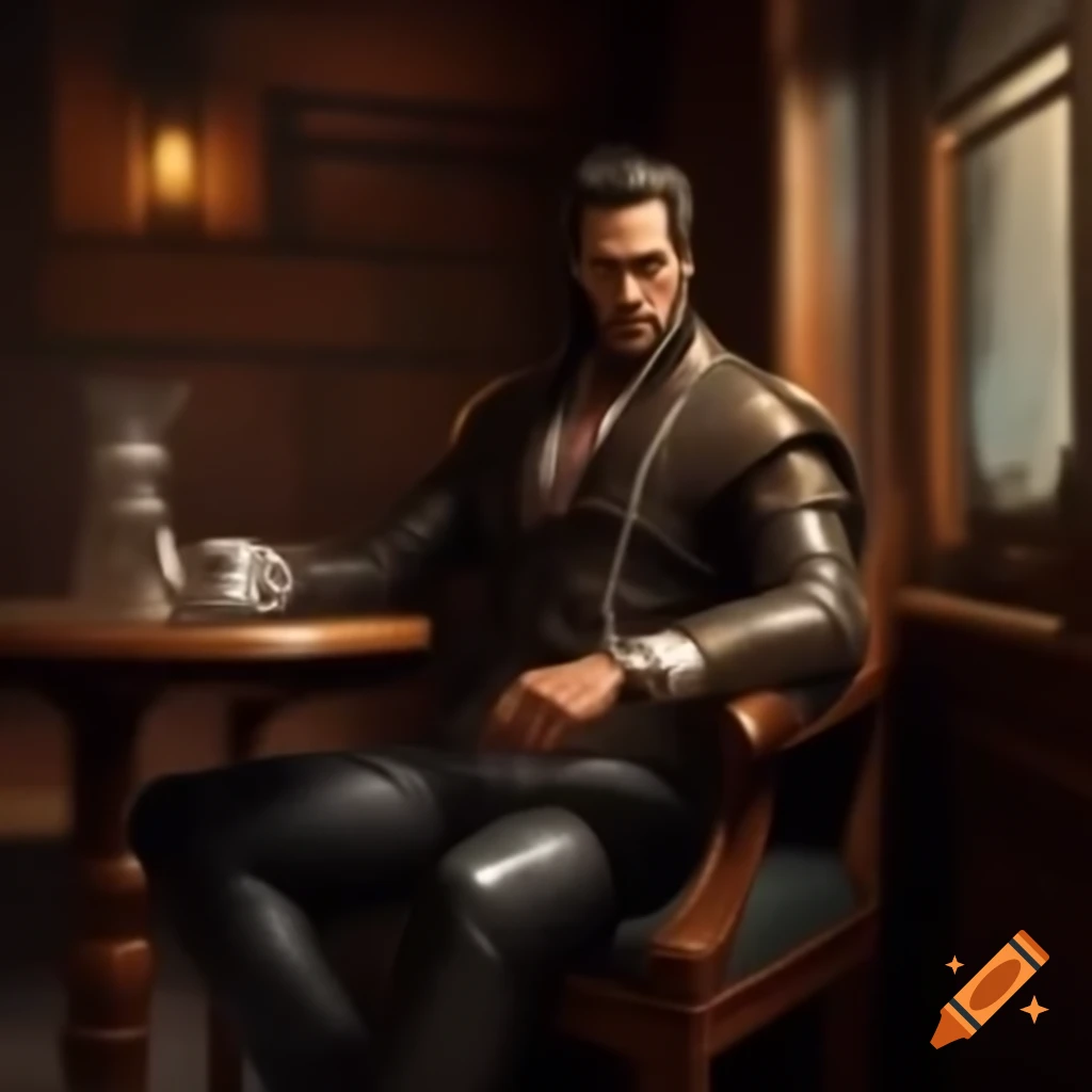 Person sitting at a round table with coffee cup, wearing chains and diamond pin, in dim lighting