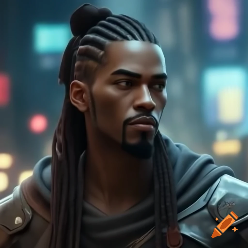 Futuristic warrior man with cornrows in relaxed clothes in cyberpunk city