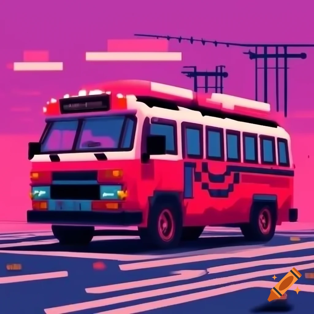Pixelated bus in red, pink, and black colors